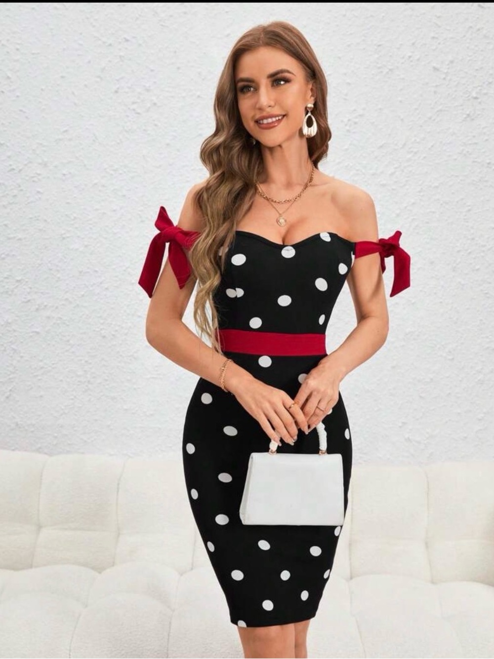 SHEIN Black & White Polka Dot Off-Shoulder Mini Dress with Red Bows & Waist